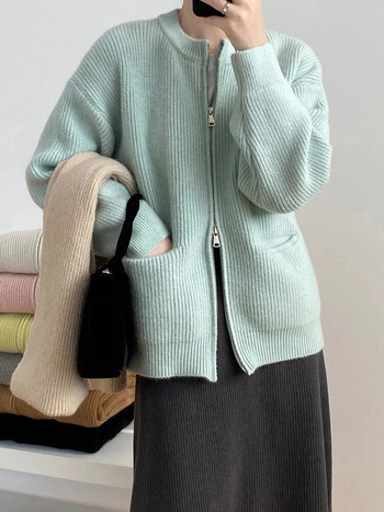 Μονόχρωμο απλό O-λαιμόκοψη με διπλό φερμουάρ Γυναικεία ζακέτα Φθινοπωρινό Χειμώνα με μακρυμάνικο τσέπες Ζεστά πλεκτά παλτό Casual χαλαρό πουλόβερ