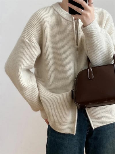 Μονόχρωμο απλό O-λαιμόκοψη με διπλό φερμουάρ Γυναικεία ζακέτα Φθινοπωρινό Χειμώνα με μακρυμάνικο τσέπες Ζεστά πλεκτά παλτό Casual χαλαρό πουλόβερ