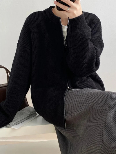 Μονόχρωμο απλό O-λαιμόκοψη με διπλό φερμουάρ Γυναικεία ζακέτα Φθινοπωρινό Χειμώνα με μακρυμάνικο τσέπες Ζεστά πλεκτά παλτό Casual χαλαρό πουλόβερ