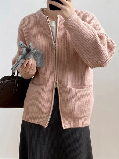 Μονόχρωμο απλό O-λαιμόκοψη με διπλό φερμουάρ Γυναικεία ζακέτα Φθινοπωρινό Χειμώνα με μακρυμάνικο τσέπες Ζεστά πλεκτά παλτό Casual χαλαρό πουλόβερ