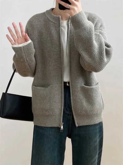 Μονόχρωμο απλό O-λαιμόκοψη με διπλό φερμουάρ Γυναικεία ζακέτα Φθινοπωρινό Χειμώνα με μακρυμάνικο τσέπες Ζεστά πλεκτά παλτό Casual χαλαρό πουλόβερ