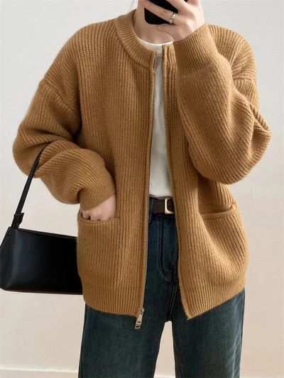 Μονόχρωμο απλό O-λαιμόκοψη με διπλό φερμουάρ Γυναικεία ζακέτα Φθινοπωρινό Χειμώνα με μακρυμάνικο τσέπες Ζεστά πλεκτά παλτό Casual χαλαρό πουλόβερ