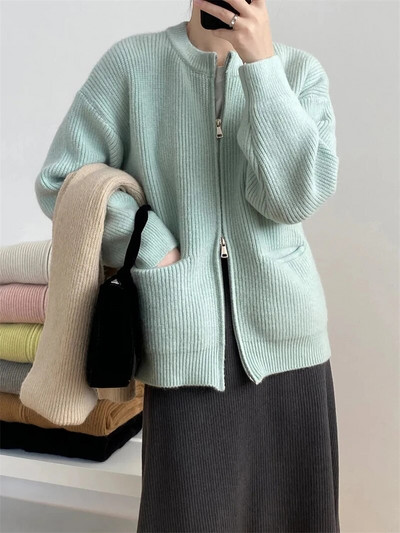 Μονόχρωμο απλό O-λαιμόκοψη με διπλό φερμουάρ Γυναικεία ζακέτα Φθινοπωρινό Χειμώνα με μακρυμάνικο τσέπες Ζεστά πλεκτά παλτό Casual χαλαρό πουλόβερ