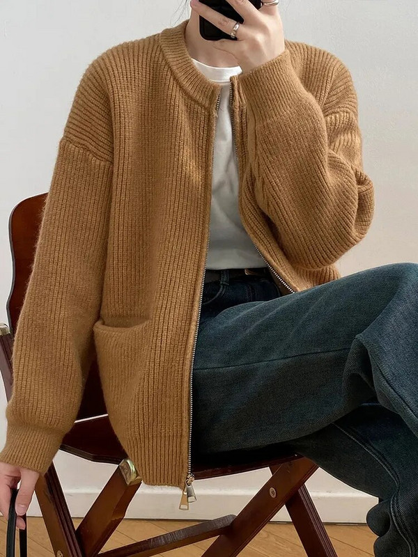 Μονόχρωμο απλό O-λαιμόκοψη με διπλό φερμουάρ Γυναικεία ζακέτα Φθινοπωρινό Χειμώνα με μακρυμάνικο τσέπες Ζεστά πλεκτά παλτό Casual χαλαρό πουλόβερ