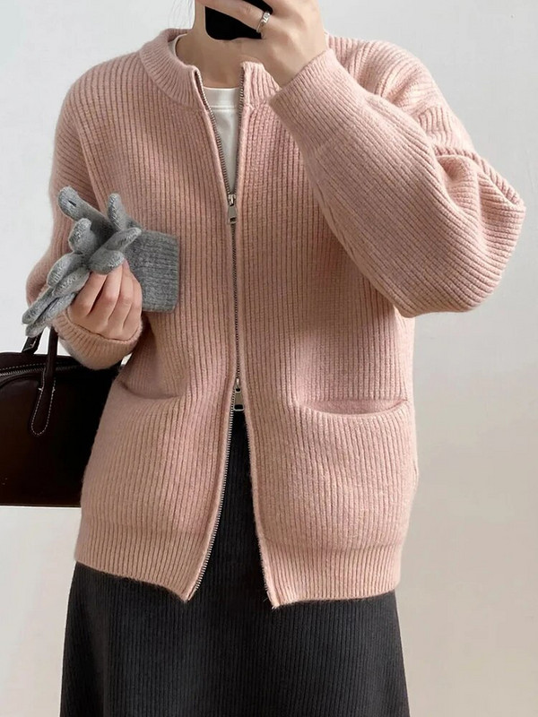 Μονόχρωμο απλό O-λαιμόκοψη με διπλό φερμουάρ Γυναικεία ζακέτα Φθινοπωρινό Χειμώνα με μακρυμάνικο τσέπες Ζεστά πλεκτά παλτό Casual χαλαρό πουλόβερ