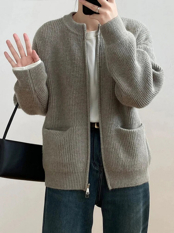 Μονόχρωμο απλό O-λαιμόκοψη με διπλό φερμουάρ Γυναικεία ζακέτα Φθινοπωρινό Χειμώνα με μακρυμάνικο τσέπες Ζεστά πλεκτά παλτό Casual χαλαρό πουλόβερ