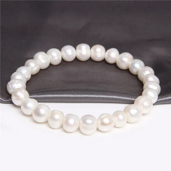 Проста кръгла гривна с мъниста от бели перли Мъже Жени Бижута 6-9 mm Еластични гривни от естествена истинска перла Сладководни перли Подаръци
