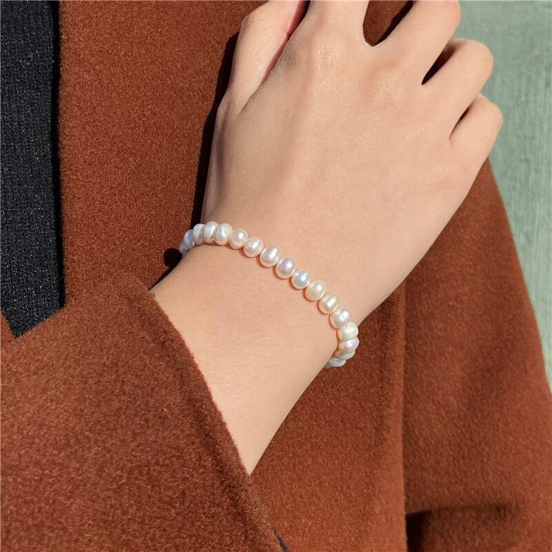 Vienkāršas apaļas, baltas pērles ar pērlītēm rokassprādze vīriešiem sievietēm rotaslietas 6–9 mm dabīgas īstas pērles, elastīgas rokassprādzes, saldūdens pērles, dāvanas