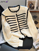 Κορεάτικη μόδα με λαιμόκοψη μονόστομο σιφόν μανίκι πλεκτή γυναικεία ζακέτα ολόσωμη ματισμένη ψεύτικη δίδυμη χαλαρή γυναικεία πουλόβερ