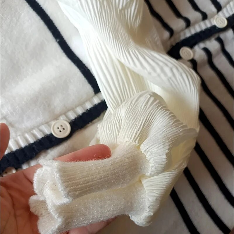 Κορεάτικη μόδα με λαιμόκοψη μονόστομο σιφόν μανίκι πλεκτή γυναικεία ζακέτα ολόσωμη ματισμένη ψεύτικη δίδυμη χαλαρή γυναικεία πουλόβερ