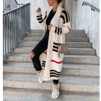 Μόδα φαρδιά πλεκτή ζακέτα για γυναίκες με μακρυμάνικη ρίγα Streetwear Φθινοπωρινά χειμερινά ρούχα Vintage πουλόβερ παλτό 2023