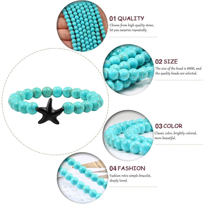 Modes jūras zvaigzne, zila, zaļa tirkīza, krelles aproces Rokassprādzes, pludmales šarms, rotaslietas, jūras zvaigzne, dabīgā akmens rokassprādze, pāra dāvanas