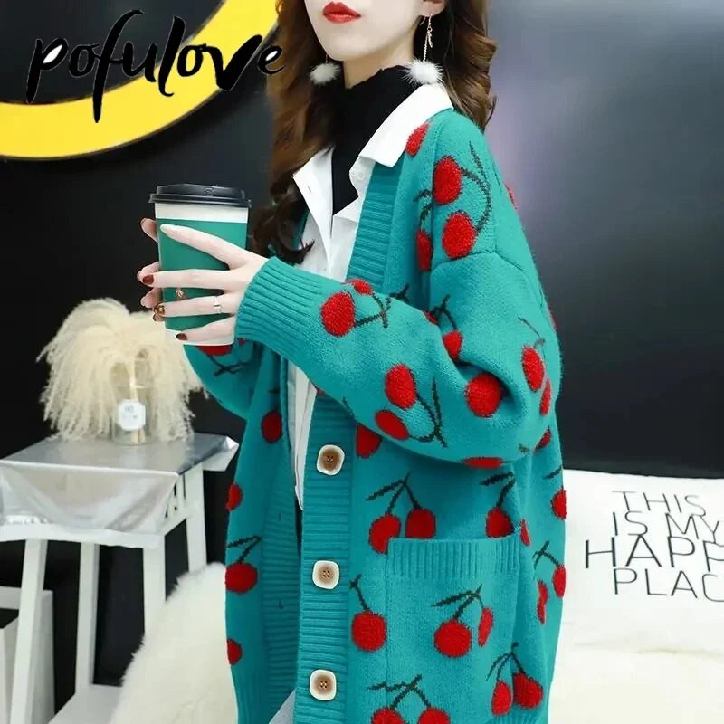 Džemperis Cardigan Sieviešu salds un brīvs slinks stils korejiešu stils sarkans moderns džemperis jaka rudens un ziemas dāmu stilā