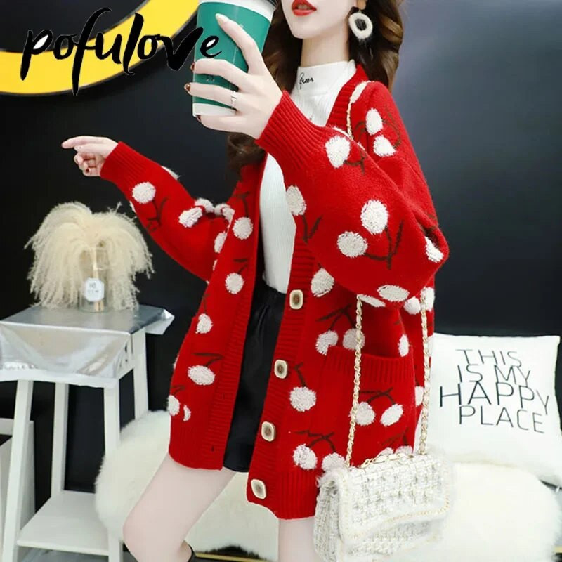 Džemperis Cardigan Sieviešu salds un brīvs slinks stils korejiešu stils sarkans moderns džemperis jaka rudens un ziemas dāmu stilā