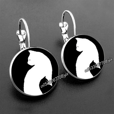 Stikliniai juodi ir balti dviejų kačių auskarai moteriški madingi stikliniai kabošono auskarai, nauji auskarai papuošalai papuošalai