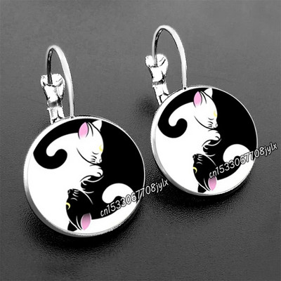 Stikliniai juodi ir balti dviejų kačių auskarai moteriški madingi stikliniai kabošono auskarai, nauji auskarai papuošalai papuošalai