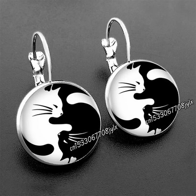 Stikliniai juodi ir balti dviejų kačių auskarai moteriški madingi stikliniai kabošono auskarai, nauji auskarai papuošalai papuošalai