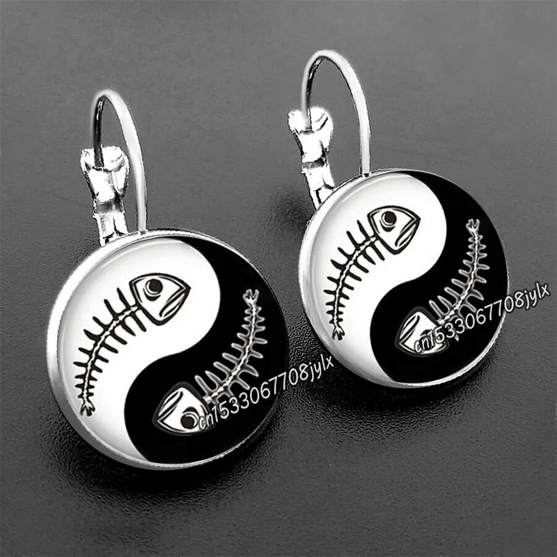 Stikliniai juodi ir balti dviejų kačių auskarai moteriški madingi stikliniai kabošono auskarai, nauji auskarai papuošalai papuošalai