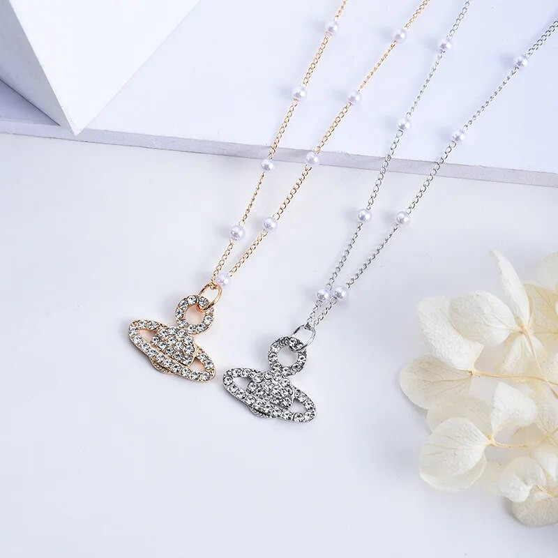 Γυαλιστερό κολιέ με κρεμαστό κόσμημα μαργαριτάρι Rhinestone Planet για Γυναικεία γοητεία Αισθητική Κομψή τάση Αλυσίδα Clavicle Πολυτελή κοσμήματα μόδας