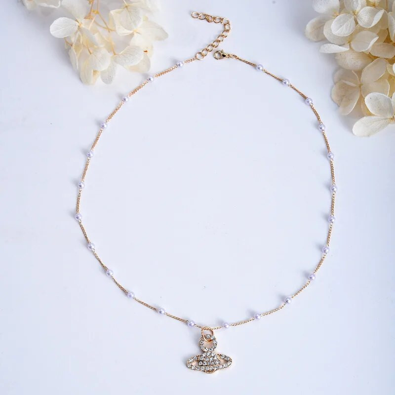 Γυαλιστερό κολιέ με κρεμαστό κόσμημα μαργαριτάρι Rhinestone Planet για Γυναικεία γοητεία Αισθητική Κομψή τάση Αλυσίδα Clavicle Πολυτελή κοσμήματα μόδας