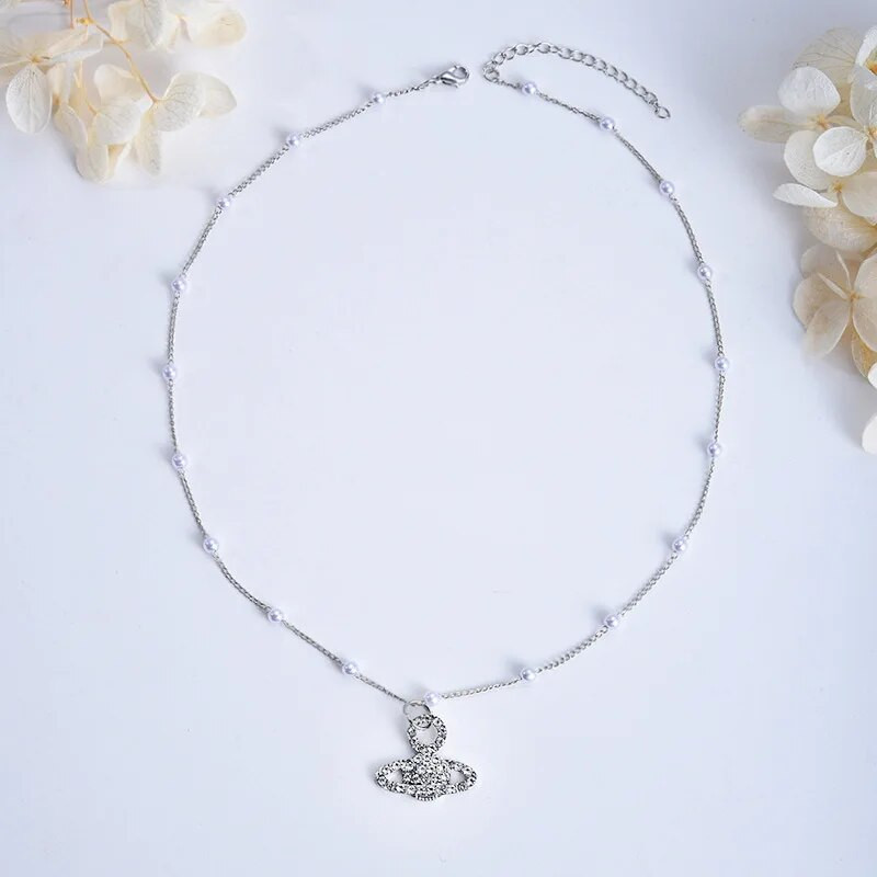 Γυαλιστερό κολιέ με κρεμαστό κόσμημα μαργαριτάρι Rhinestone Planet για Γυναικεία γοητεία Αισθητική Κομψή τάση Αλυσίδα Clavicle Πολυτελή κοσμήματα μόδας