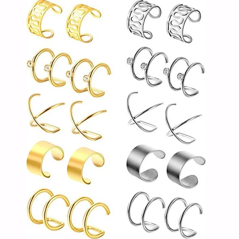 12/10/2gab. Nerūsējošā tērauda klipsi Ausu aproces auskari Viltus skrimšļa auskari sievietēm bez pīrsinga klipšu auskaru komplekta auskaru rotaslietas