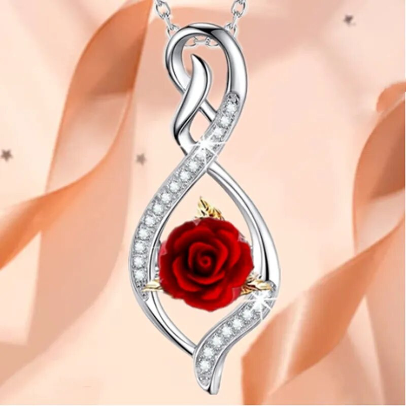 Moterų mados paauksuotų rožių karoliai Prabangūs vestuvių papuošalai Raudonos rožės pakabukai sužadėtuvių karoliai moterims jubiliejaus proga