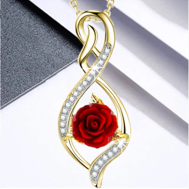 Moterų mados paauksuotų rožių karoliai Prabangūs vestuvių papuošalai Raudonos rožės pakabukai sužadėtuvių karoliai moterims jubiliejaus proga