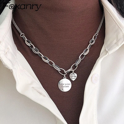 Колие с дебела верига FOXANRY Stamp INS Fashion Hip Hop Vintage Design LOVE Heart Pendant Thai Silver Party Jewelry