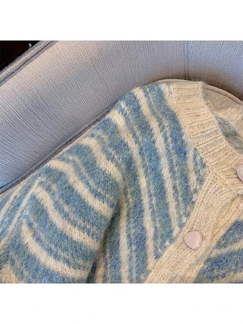 Μπλε γυναικείο φθινοπωρινό ριγέ σχέδιο Πλεκτό πουλόβερ ζακέτα με λαιμόκοψη Ο φαρδύ μακρυμάνικο πλεκτό 2023 Ρετρό μονό στήθος