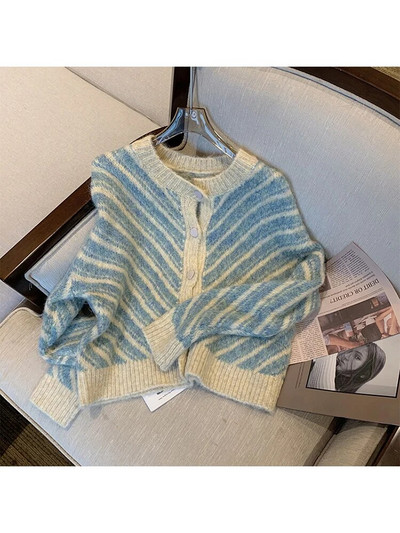 Sinine värv naiste sügistalvine triibuline disain kudum kardigan kampsun O-kaelusega kottis pikkade varrukatega kudum 2023 retro üherealine