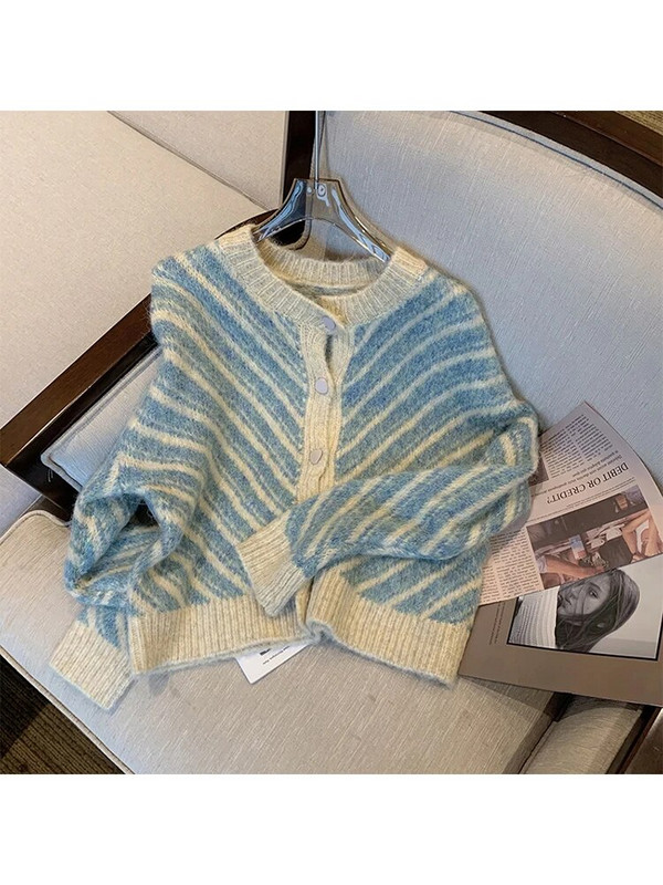 Sinine värv naiste sügistalvine triibuline disain kudum kardigan kampsun O-kaelusega kottis pikkade varrukatega kudum 2023 retro üherealine
