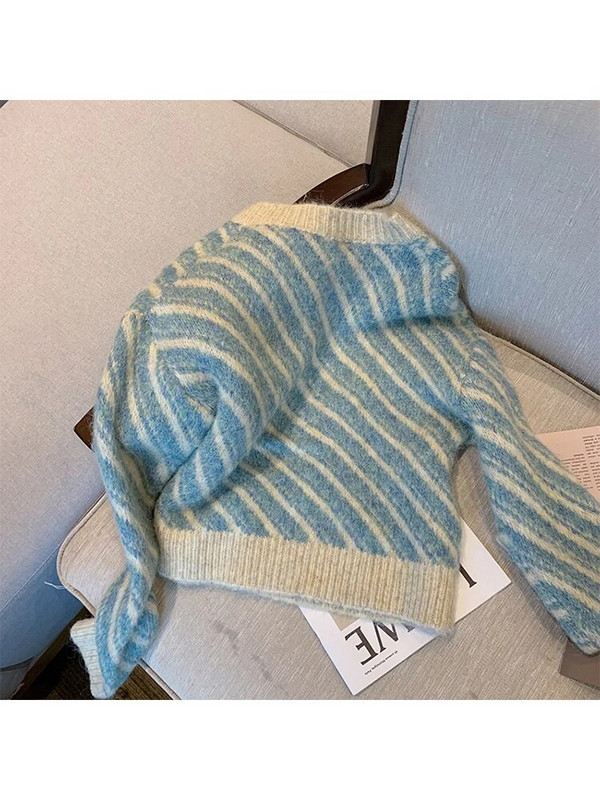 Sinine värv naiste sügistalvine triibuline disain kudum kardigan kampsun O-kaelusega kottis pikkade varrukatega kudum 2023 retro üherealine