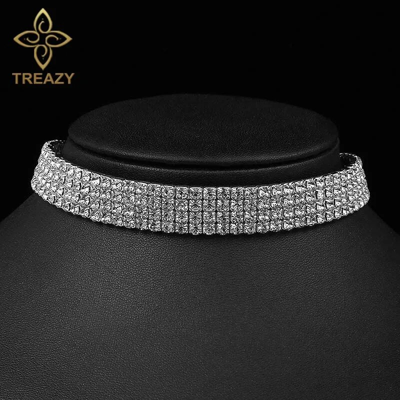 TREAZY līgavas kāzu izlaiduma balles 1-5 rindu kalnu strēles kaklarota ar kaklarotu sievietēm Diamante Crystal Choker kaklarota, elastīga aukla