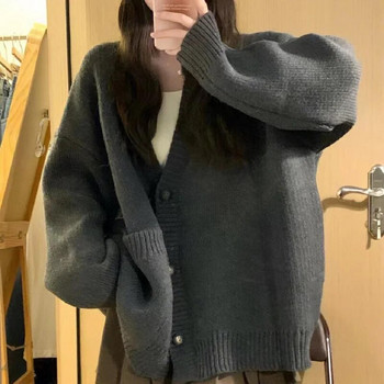 Ζακέτα πουλόβερ Γυναικεία φαρδιά γλυκά πλεκτά Ιαπωνικά σκούρα γκρι Κορεάτικη μόδα Кардиган Женский College Preppy Minimalist Casual