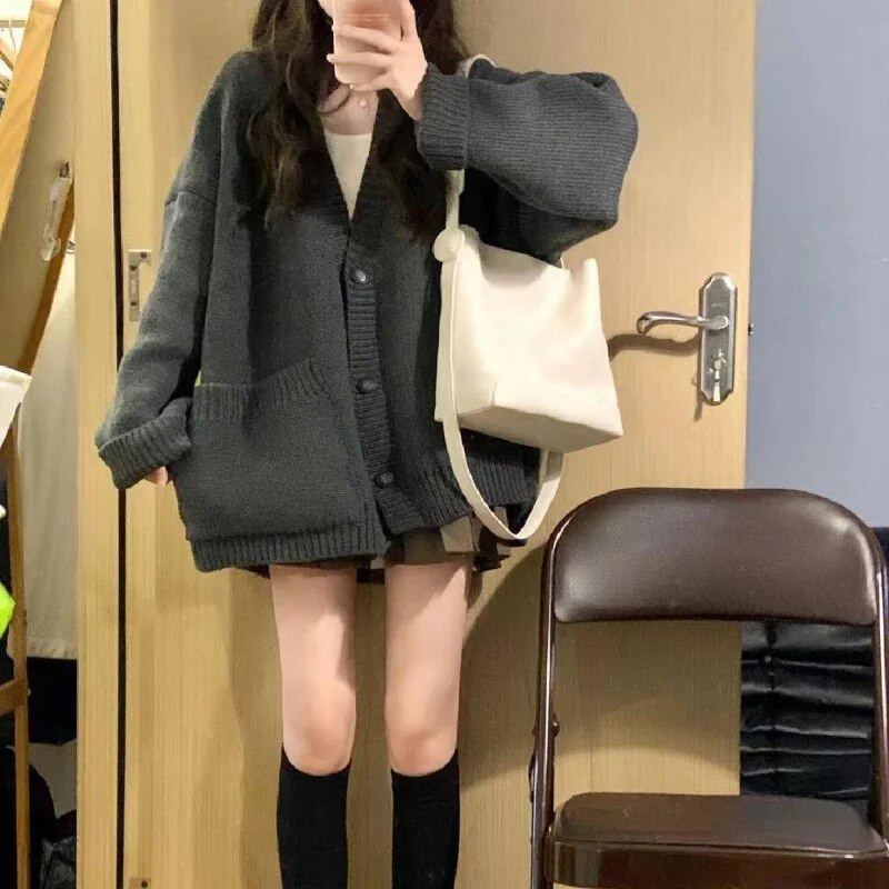 Ζακέτα πουλόβερ Γυναικεία φαρδιά γλυκά πλεκτά Ιαπωνικά σκούρα γκρι Κορεάτικη μόδα Кардиган Женский College Preppy Minimalist Casual