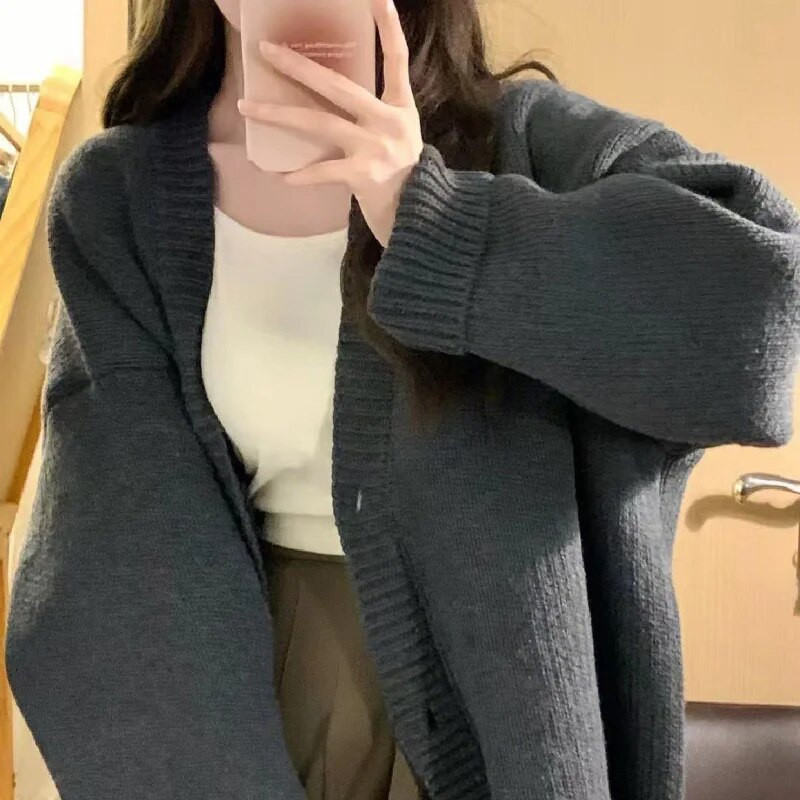 Ζακέτα πουλόβερ Γυναικεία φαρδιά γλυκά πλεκτά Ιαπωνικά σκούρα γκρι Κορεάτικη μόδα Кардиган Женский College Preppy Minimalist Casual