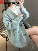 Brīvs, biezs trikotāžas jaciņš silts rudens ziemas garajām piedurknēm, ikdienas džemperis ar V veida kakla izgriezumu korejiešu modes sieviešu trikotāžas apģērbs