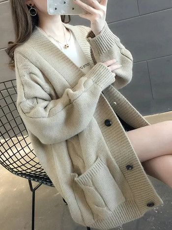 Χαλαρή χοντρή πλεκτή ζακέτα Ζεστή φθινοπωρινή χειμωνιάτικη μακρυμάνικη μπλούζα με λαιμόκοψη σε V casual πουλόβερ Κορεατική μόδα γυναικεία πλεκτά Gilet