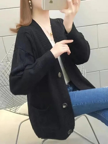 Χαλαρή χοντρή πλεκτή ζακέτα Ζεστή φθινοπωρινή χειμωνιάτικη μακρυμάνικη μπλούζα με λαιμόκοψη σε V casual πουλόβερ Κορεατική μόδα γυναικεία πλεκτά Gilet