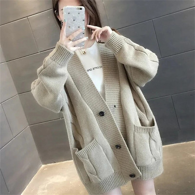 Brīvs, biezs trikotāžas jaciņš silts rudens ziemas garajām piedurknēm, ikdienas džemperis ar V veida kakla izgriezumu korejiešu modes sieviešu trikotāžas apģērbs