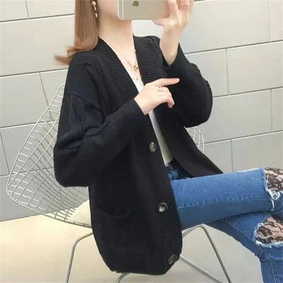 Brīvs, biezs trikotāžas jaciņš silts rudens ziemas garajām piedurknēm, ikdienas džemperis ar V veida kakla izgriezumu korejiešu modes sieviešu trikotāžas apģērbs