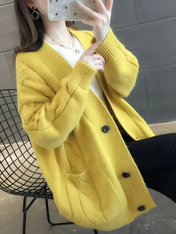 Brīvs, biezs trikotāžas jaciņš silts rudens ziemas garajām piedurknēm, ikdienas džemperis ar V veida kakla izgriezumu korejiešu modes sieviešu trikotāžas apģērbs