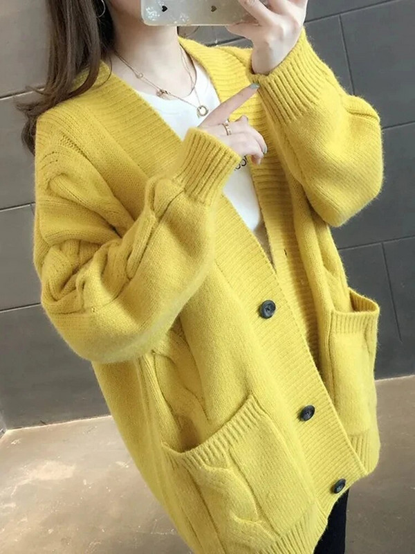Brīvs, biezs trikotāžas jaciņš silts rudens ziemas garajām piedurknēm, ikdienas džemperis ar V veida kakla izgriezumu korejiešu modes sieviešu trikotāžas apģērbs
