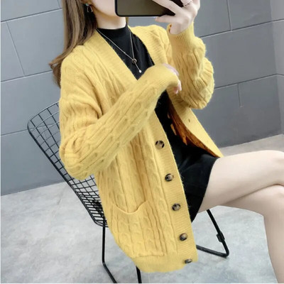 Πλεκτή Ζακέτα Γυναικεία Πουλόβερ 2023 Νέο Φθινοπωρινό, Χειμερινό Κορεατικό Στιλ Μακρύ Πλεκτό Παλτό Μονό στήθος με στριφογυριστή λαιμόκοψη