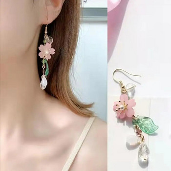 Ρομαντικά κομψά σκουλαρίκια από άνθη κερασιάς για γυναίκες με ροζ πέταλα Sakura σκουλαρίκι με μακριά φούντα Σκουλαρίκια κρεμαστά