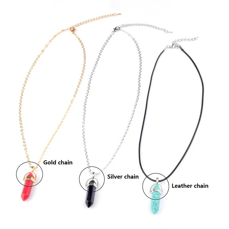 Hatszögletű oszlopos kristály medál természetes kő nyakláncok arany színű bőr lánc nyaklánc nőknek férfi divat ékszerek