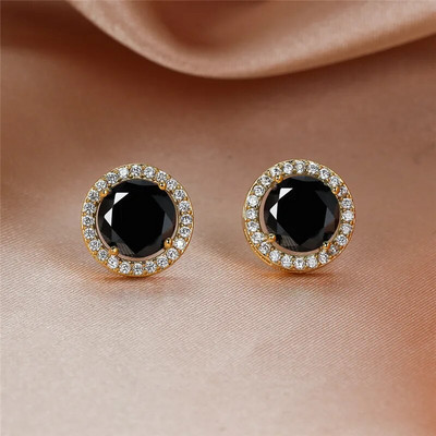 Луксозни сладки кръгли обеци с черен камък Ретро модни златни/черни/розово златни/сребърни обеци за жени Сватбени бижута