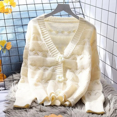 Megztiniai megztiniai su gėlių sagutėmis, moteriška rudens žieminė megzta korėjietiška palaida ilgomis rankovėmis Elegancija Saldus laisvalaikis, jaunas pasakų šerdis