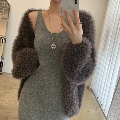 Prabangus V formos audinės kašmyro megztinis megztinis Moherio nertas megztinis Paltas laisvalaikio žibintuvėlis rankovėmis Džersis Mujer Sueters De Mujer